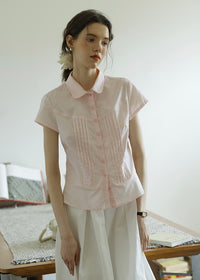 April Tuck Blouse | Vintage Pink Short Sleeve Shirt with Pintuck Detail
