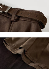 Brown Suede A-Line Midi Skirt with Belt