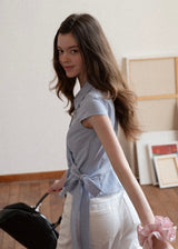 Elin Sky Wrap Tie Short Sleeve Blouse