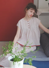 Soft Rouge Cotton Pajama Set Floral Loose Cape Top Long Lounge Set