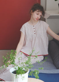 Soft Rouge Cotton Pajama Set Floral Loose Cape Top Long Lounge Set
