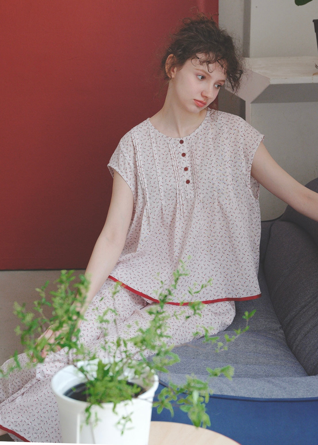 Soft Rouge Cotton Pajama Set Floral Loose Cape Top Long Lounge Set