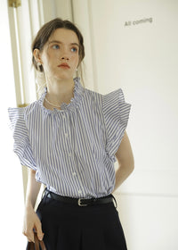 Celeste Stripe Frill Blouse | Blue Ruffle Neck Sleeveless Summer Top