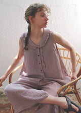 Soft Mauve Cotton Pajama Set Vintage Check Sleeveless Wide Lounge Set