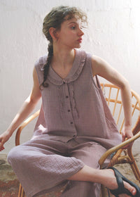 Soft Mauve Cotton Pajama Set Vintage Check Sleeveless Wide Lounge Set