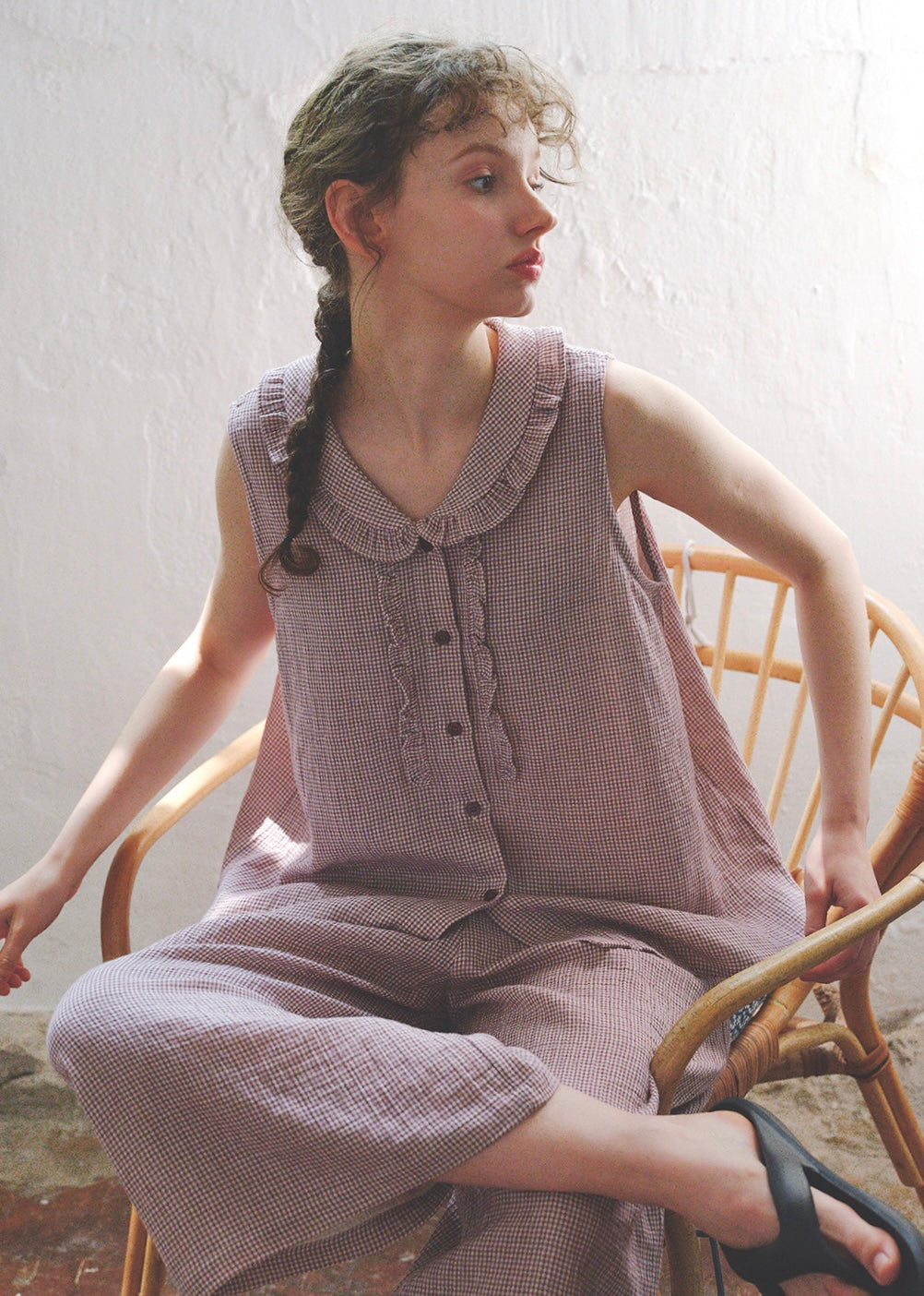 Soft Mauve Cotton Pajama Set Vintage Check Sleeveless Wide Lounge Set