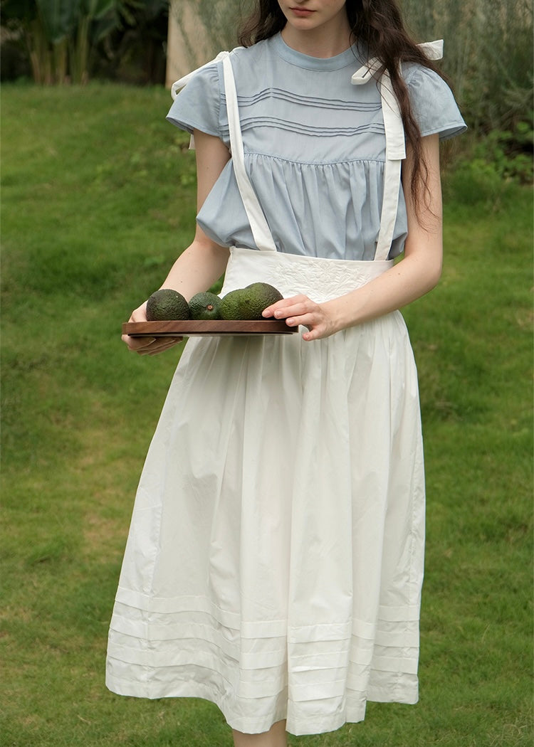 Sunday Light Cotton Bib Dress | White Pleated Embroidered Midi