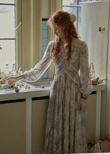 Ash Mist Blue Vintage Print Long Sleeve Dress