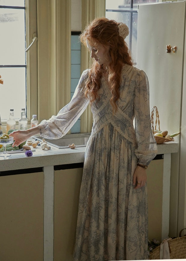 Ash Mist Blue Vintage Print Long Sleeve Dress