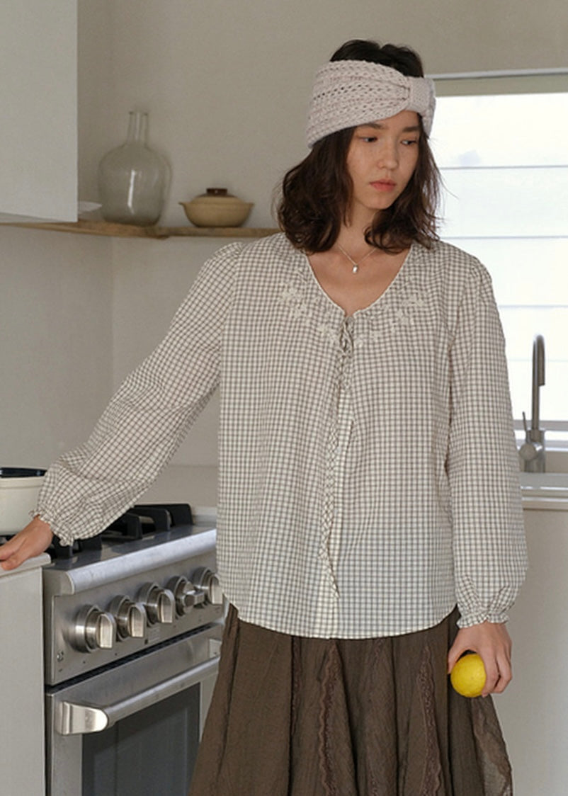 Vintage Gingham Embroidered Puff Sleeve Tie Front Blouse