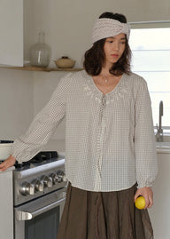 Vintage Gingham Embroidered Puff Sleeve Tie Front Blouse