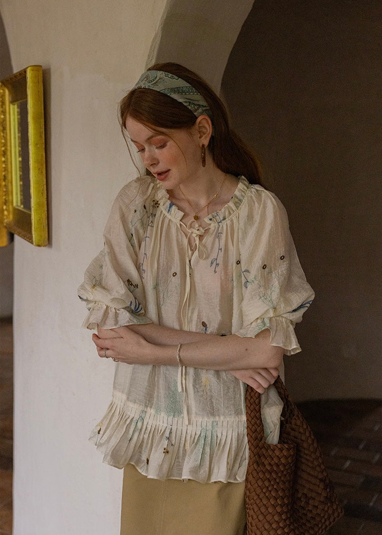 Muse Garden Blouse | Vintage Sheer Embroidered Ruffle Shirt