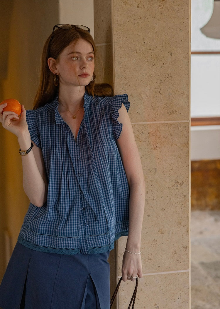 Blueberry Ruffle Gingham Blouse | Vintage Sleeveless Summer Top