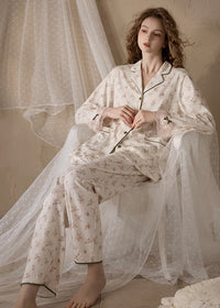 Rose Lace Trim Cream Beige Vintage Pajama Set Nightwear