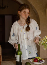 Meadow Poem Embroidered Blouse | Romantic Cotton Round Neck Shirt(2COLOR)