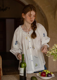 Meadow Poem Embroidered Blouse | Romantic Cotton Round Neck Shirt(2COLOR)
