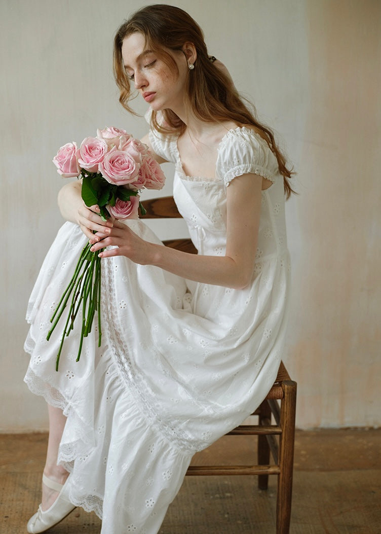 Élise Broderie White Dress | Romantic Lace Cotton Maxi Dress