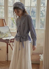 Blue Letter Gingham Tie-Waist Vintage Blouse
