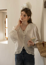 Romantic Ribbon Ruffle Vintage White Blouse