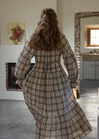 Vintage Check Long Sleeve Tiered Dress