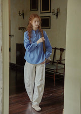 Vintage Blue Stand Collar Long Sleeve Blouse