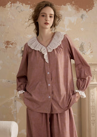 Vintage Pink Lace Collar Long Sleeve Women's Pajama Set