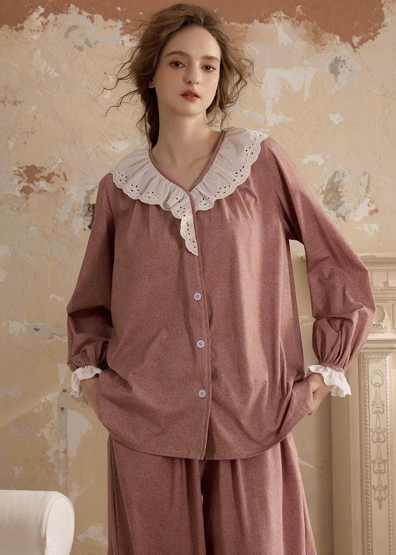 Vintage Pink Lace Collar Long Sleeve Women's Pajama Set