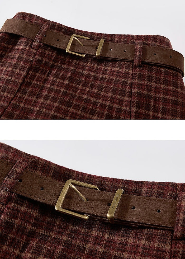 Vintage Plaid Pleated A-Line Midi Red Skirt with Belt