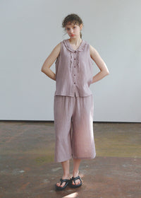 Soft Mauve Cotton Pajama Set Vintage Check Sleeveless Wide Lounge Set