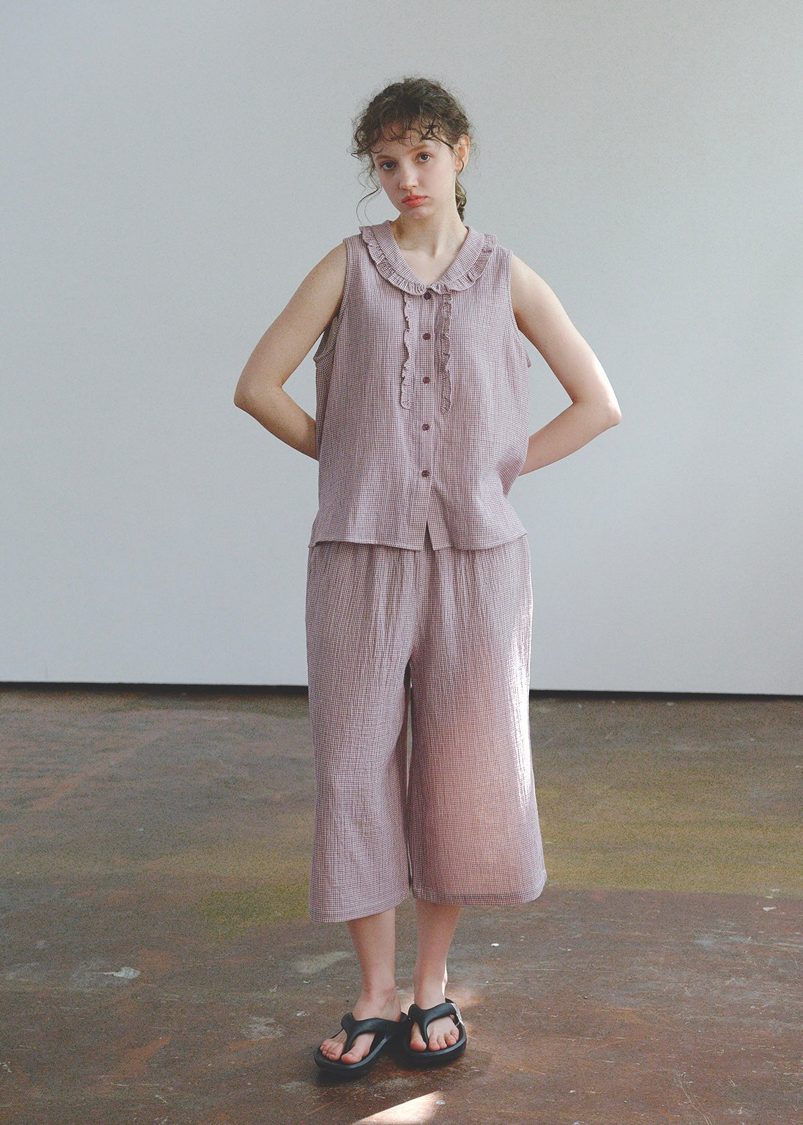Soft Mauve Cotton Pajama Set Vintage Check Sleeveless Wide Lounge Set