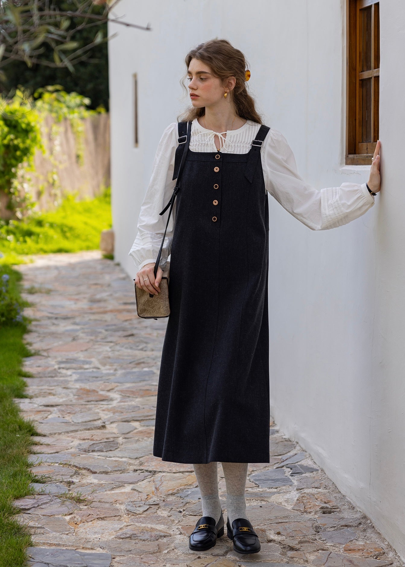 Classic Vintage Button Overall Pinafore Dress(2COLOR)