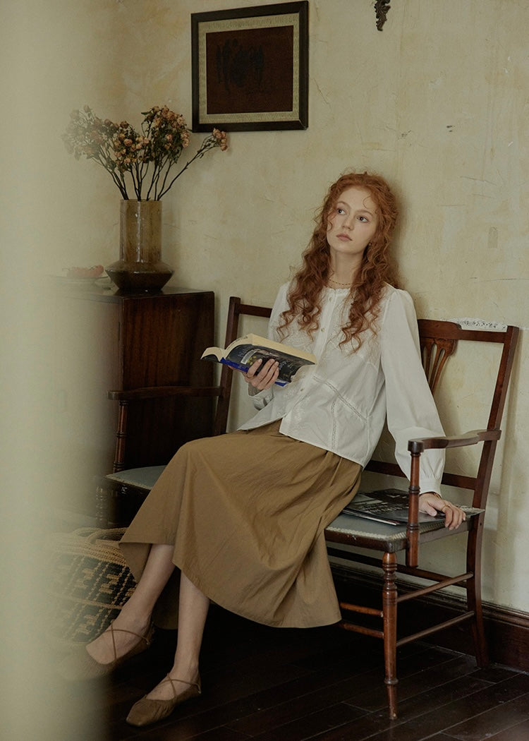 White Embroidered Vintage Long Sleeve Blouse