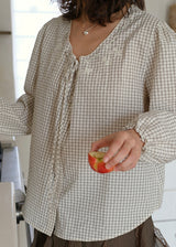 Vintage Gingham Embroidered Puff Sleeve Tie Front Blouse