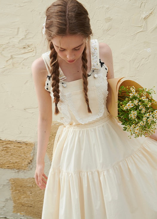 Daisy Lace Suspender Cream Vintage Maxi with Embroidered Bib