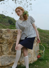 Blue Stripe Peter Pan Collar Puff Sleeve Blouse