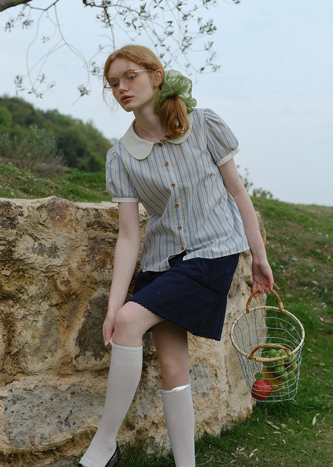 Blue Stripe Peter Pan Collar Puff Sleeve Blouse
