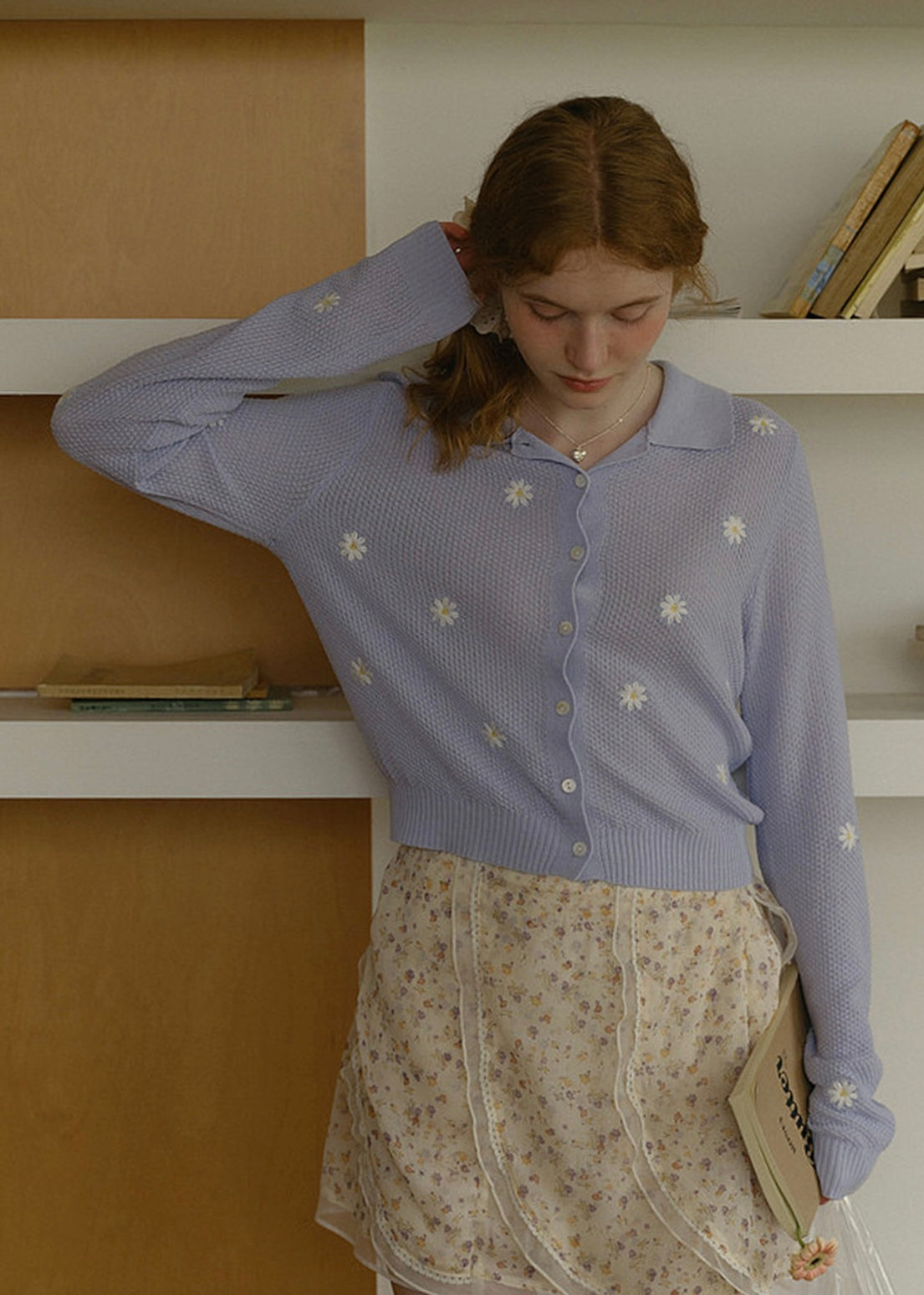 Violet Blooming Season Lilac Daisy Embroidered Knit Cardigan