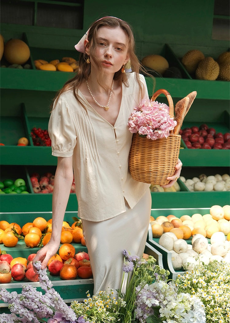 Marseille Cream Button Blouse | Soft Vintage Short Sleeve Top