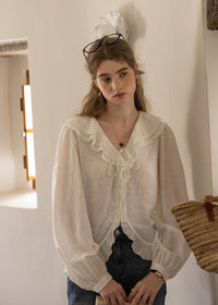 Romantic Ribbon Ruffle Vintage White Blouse