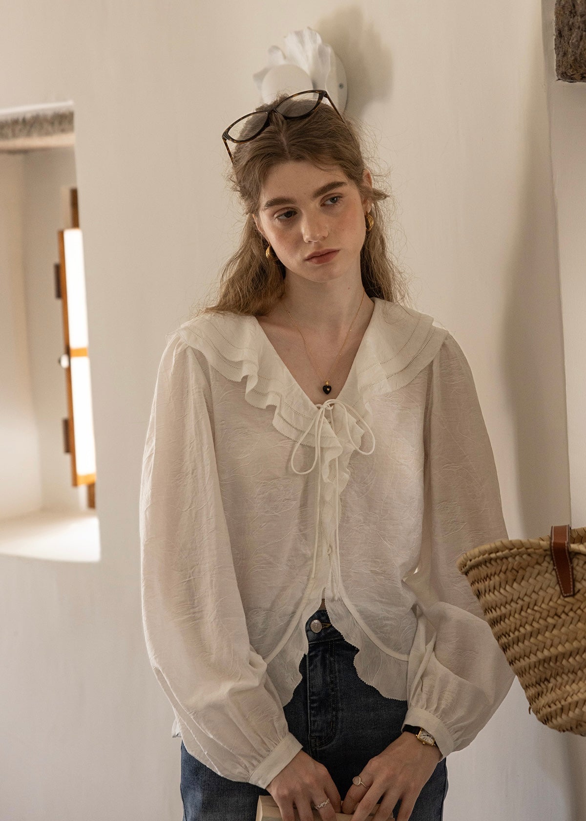 Romantic Ribbon Ruffle Vintage White Blouse
