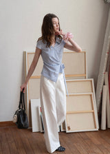 Elin Sky Wrap Tie Short Sleeve Blouse