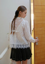 Romantic Polka Dot Lace Trim Blouse with Tie Neck