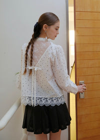 Romantic Polka Dot Lace Trim Blouse with Tie Neck