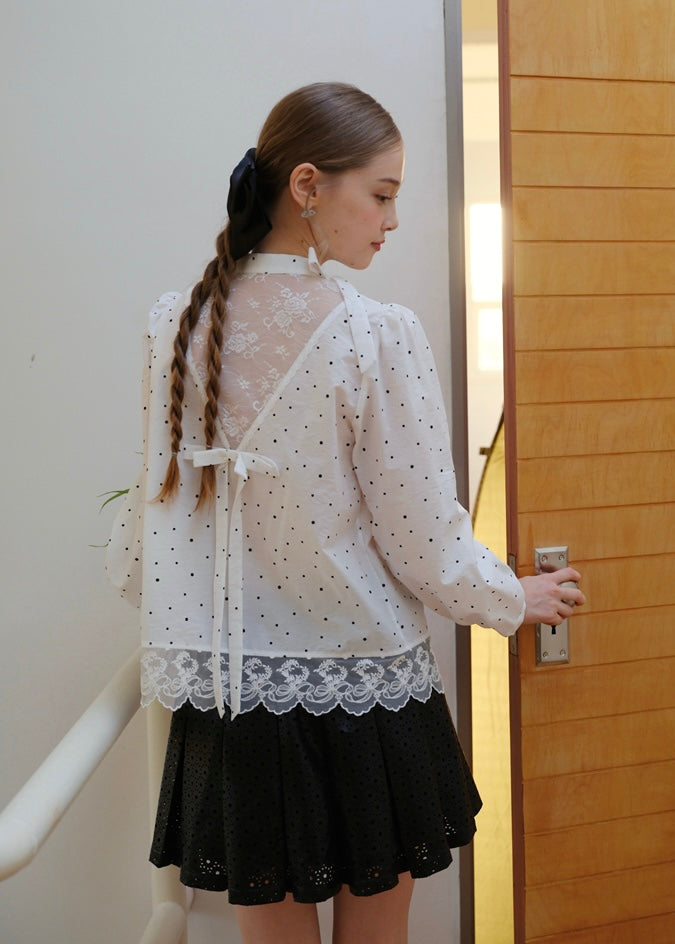 Romantic Polka Dot Lace Trim Blouse with Tie Neck