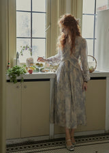 Ash Mist Blue Vintage Print Long Sleeve Dress