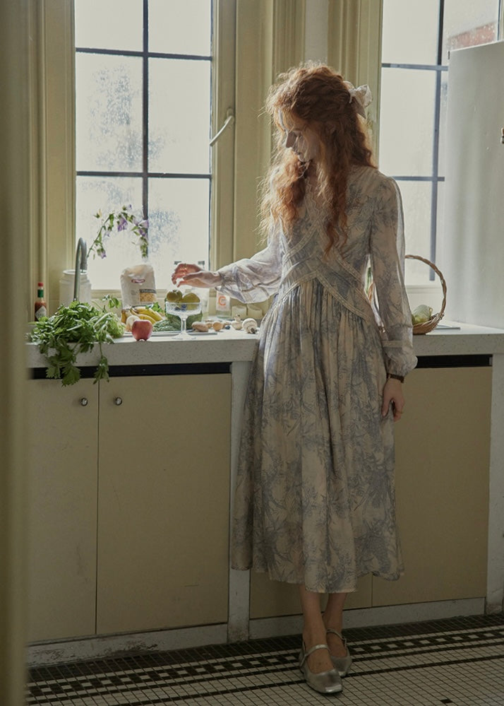Ash Mist Blue Vintage Print Long Sleeve Dress