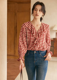 Rosie Ruffle Blouse | Vintage Red Gingham Floral Embroidered Top