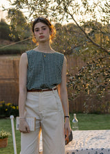 Lemon Noon Check Vest Top | Linen Cotton Sleeveless V-Neck Shirt(2COLOR)