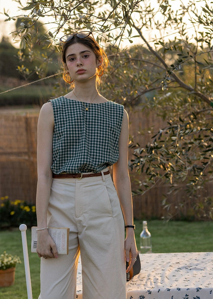 Lemon Noon Check Vest Top | Linen Cotton Sleeveless V-Neck Shirt(2COLOR)