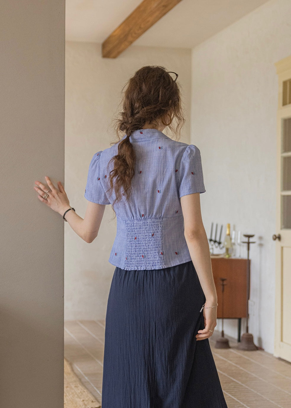 Cherry Stripe Embroidered Vintage Blouse